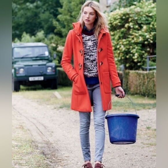 Jcrew melton wool Duffel coat Orange/ red Manifattura di Carmignano sz 2 hooded - Picture 2 of 7